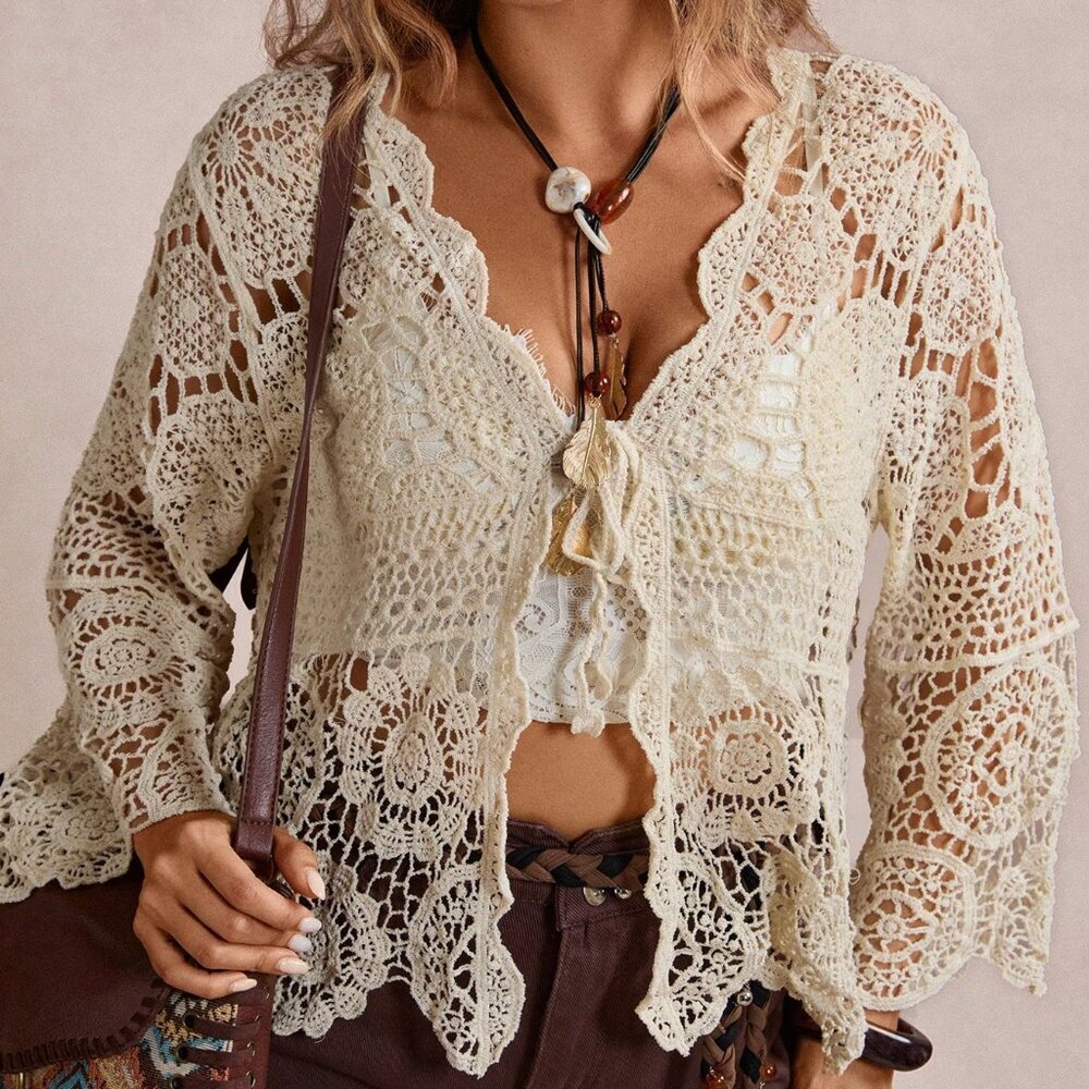 Beige Casual Women's Plus Size Front Tie Vacation Knit Cardigan